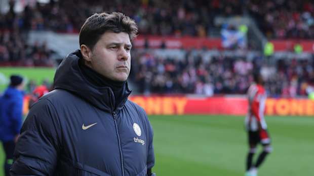 Chelsea manager Mauricio Pochettino pictured during his team's 2-2 draw at Brentford in March 2024